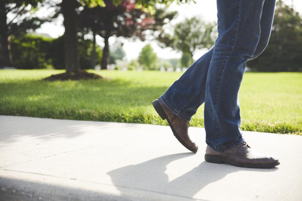 Person walking along a tree-lined sidewalk.