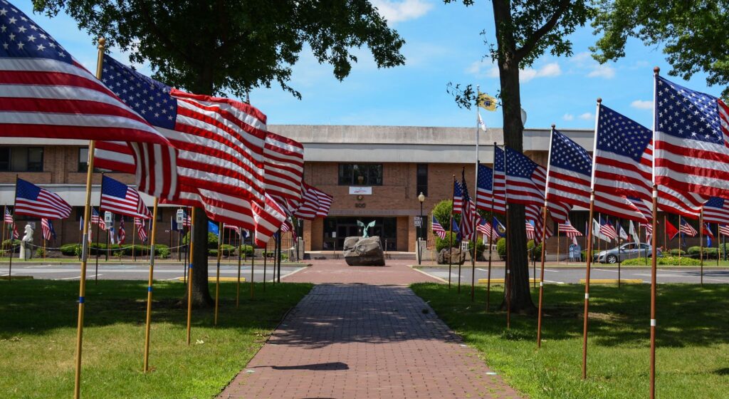 American flags along Clifton Avenue in Clifton, New Jersey
