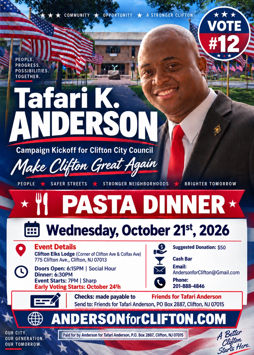 Campaign kickoff pasta dinner flyer for Tafari K. Anderson for Clifton City Council on Wednesday, October 21, 2026, at Clifton Elks Lodge.