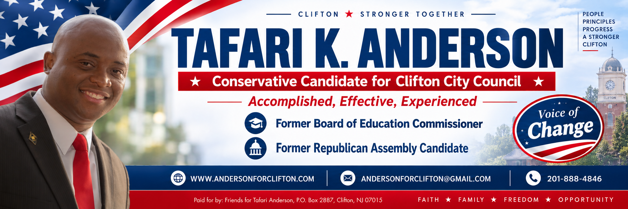 Tafari K. Anderson campaign banner for Clifton City Council with campaign contact number 201-888-4846