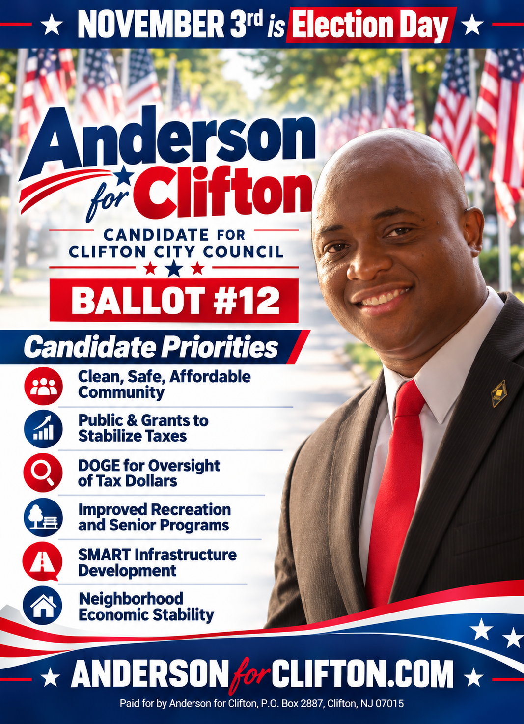Anderson for Clifton City Council Ballot 12 campaign flyer with candidate priorities